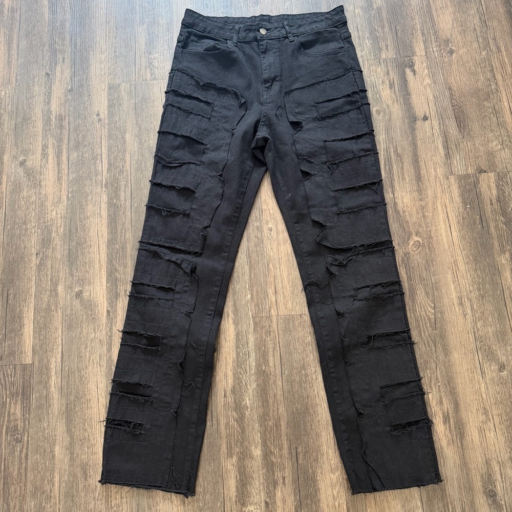 Women’s Black Denim Stacked Jeans Black Distressed Straight Leg Mid Rise Y2K M - Picture 3 of 17